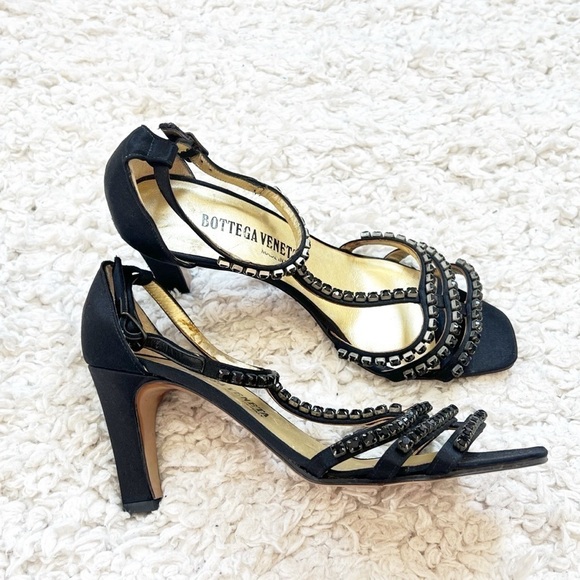 Bottega Veneta rhinestone satin ankle t strap black strappy vintage heels… - Picture 14 of 17